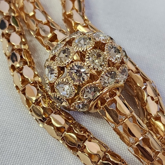 Statement 3 Strand Gold Mesh Necklace with Pearl and CZ Stones Set - Picture 5 of 9